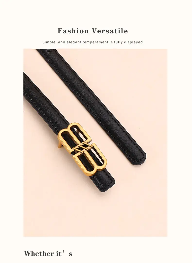 Women's Black Leather Belt with Gold Logo Buckle — feature 20