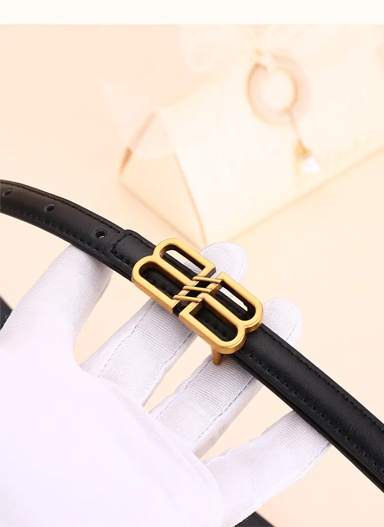 Women's Black Leather Belt with Gold Logo Buckle — feature 21