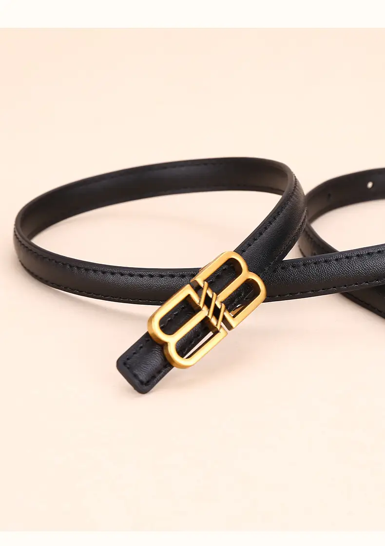 Women's Black Leather Belt with Gold Logo Buckle — feature 22