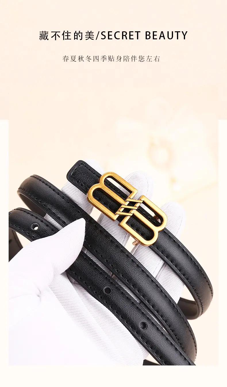 Women's Black Leather Belt with Gold Logo Buckle — feature 3