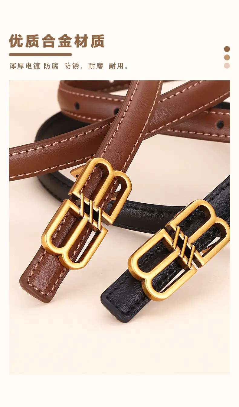 Women's Black Leather Belt with Gold Logo Buckle — feature 6