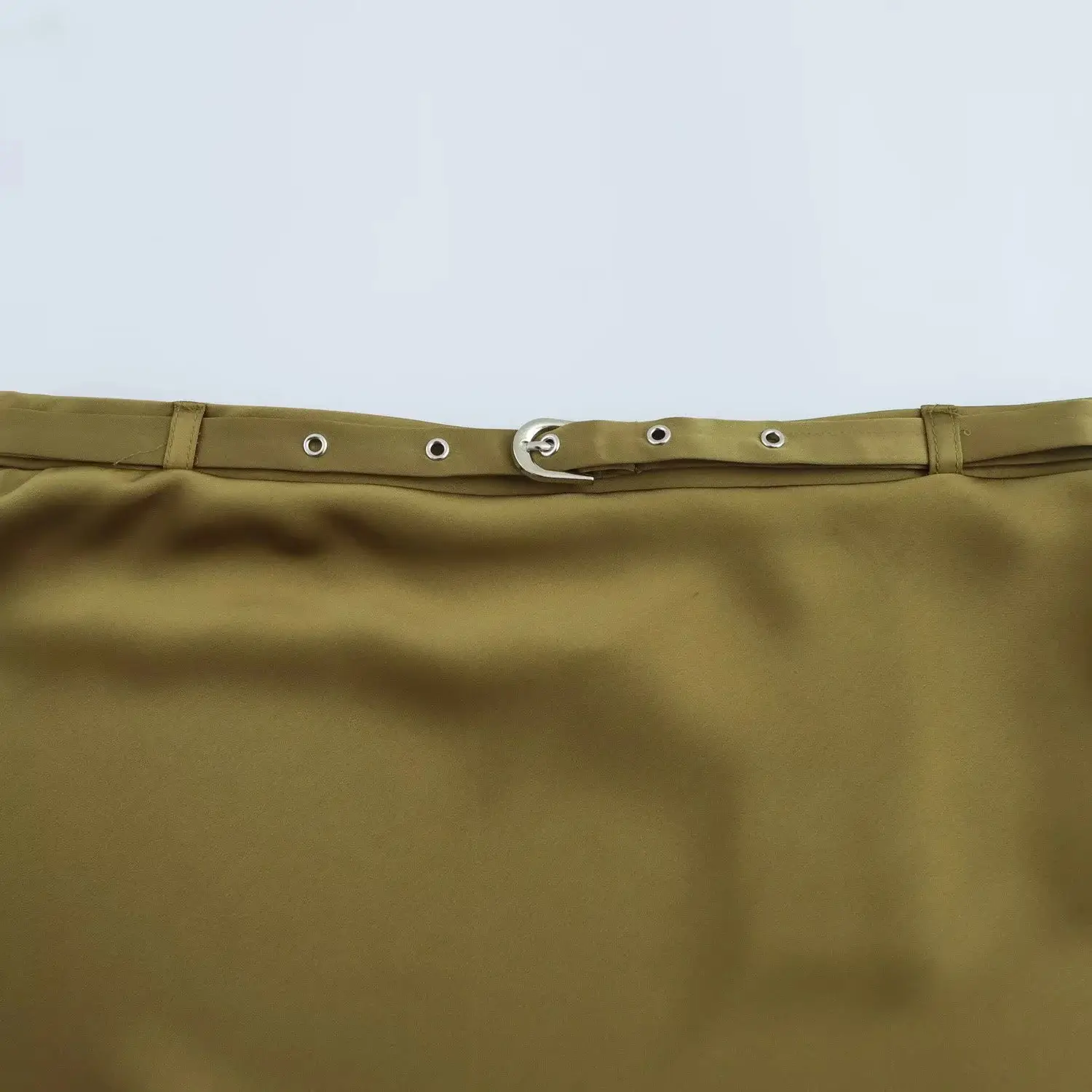 Women's Olive Gold Silk Satin Belt Skirt - Image 3