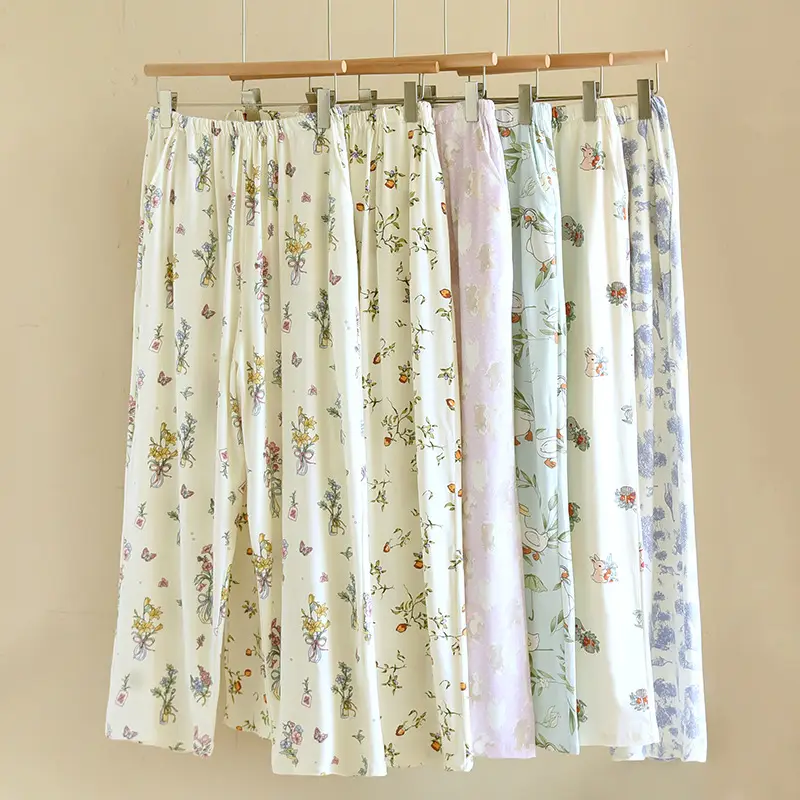 Happy Moon Cotton Pajama Pants White Floral Adjustable Belt - Image 8