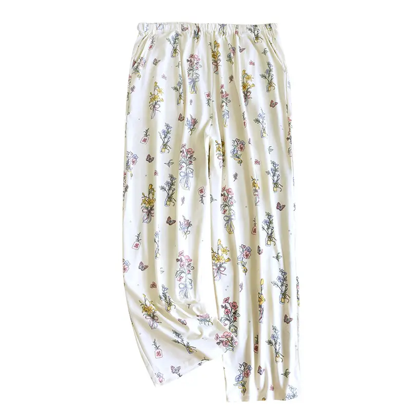 Happy Moon Cotton Pajama Pants White Floral Adjustable Belt - Image 11