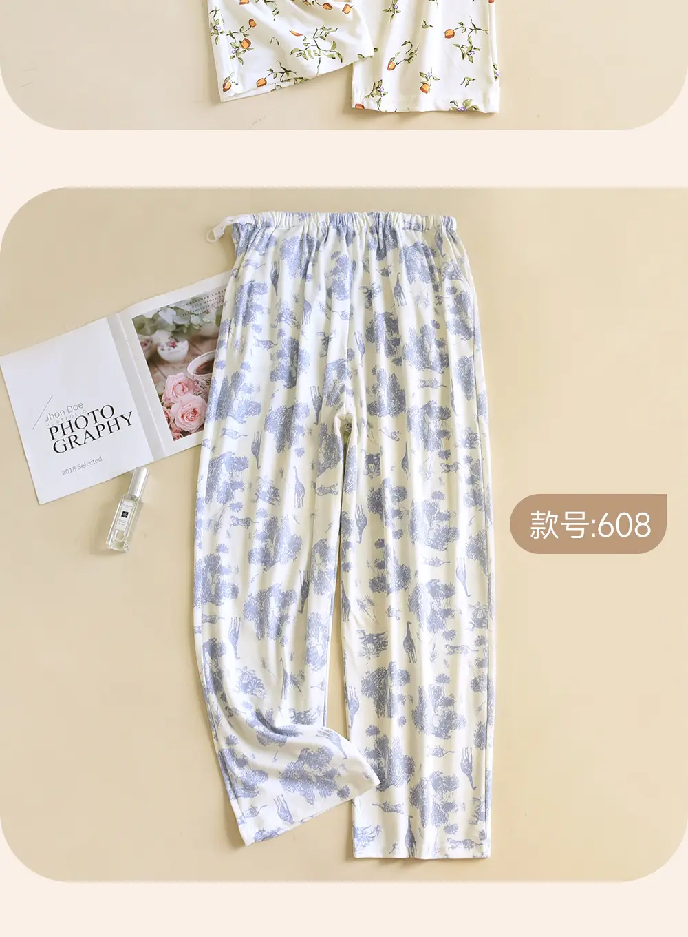 Happy Moon Cotton Pajama Pants White Floral Adjustable Belt — feature 18