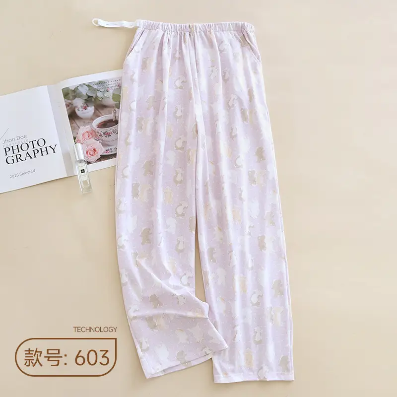 Happy Moon Cotton Pajama Pants White Floral Adjustable Belt - Image 3
