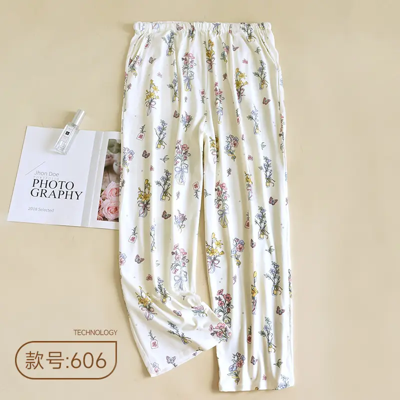 Happy Moon Cotton Pajama Pants White Floral Adjustable Belt - Image 4