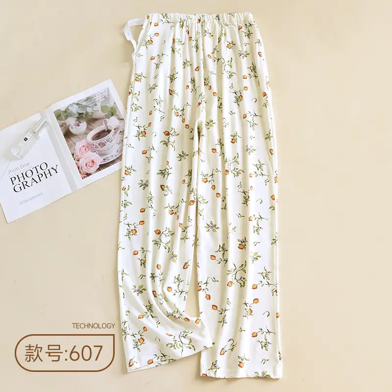 Happy Moon Cotton Pajama Pants White Floral Adjustable Belt - Image 5