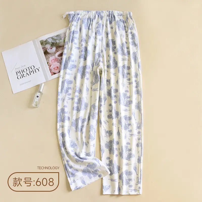 Happy Moon Cotton Pajama Pants White Floral Adjustable Belt - Image 6