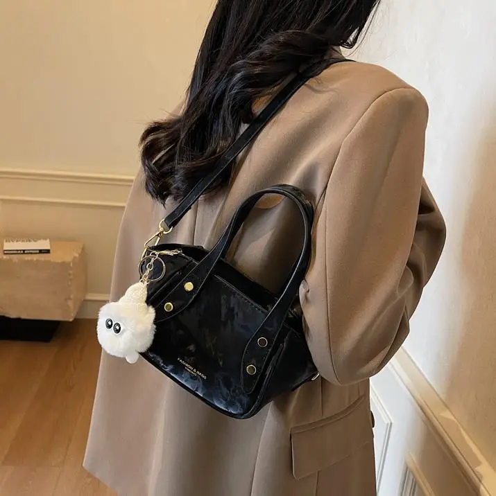 Women's Black Nylon Bucket Bag with Cute Pom Pom Charm - Image 7