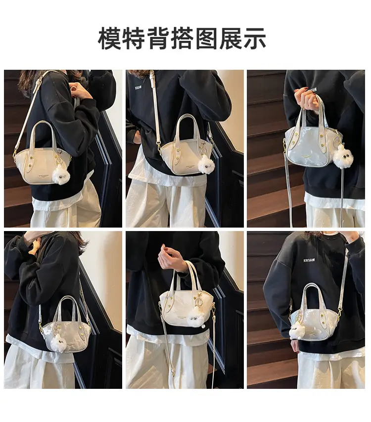 Women's Black Nylon Bucket Bag with Cute Pom Pom Charm — feature 11