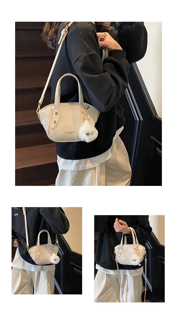 Women's Black Nylon Bucket Bag with Cute Pom Pom Charm — feature 12