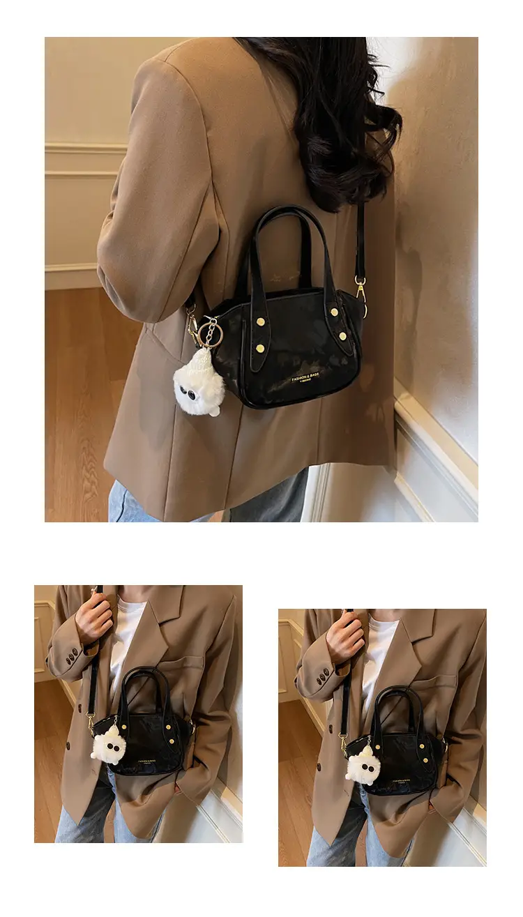 Women's Black Nylon Bucket Bag with Cute Pom Pom Charm — feature 13