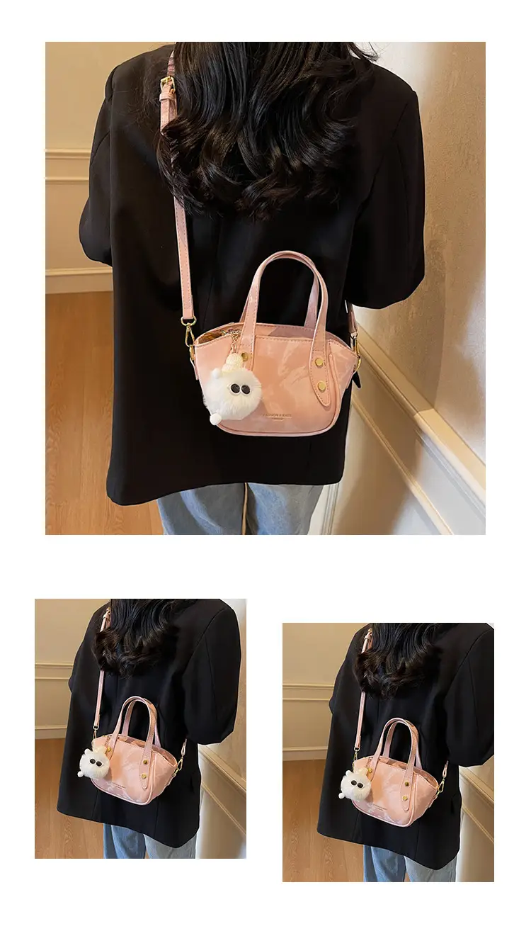 Women's Black Nylon Bucket Bag with Cute Pom Pom Charm — feature 14