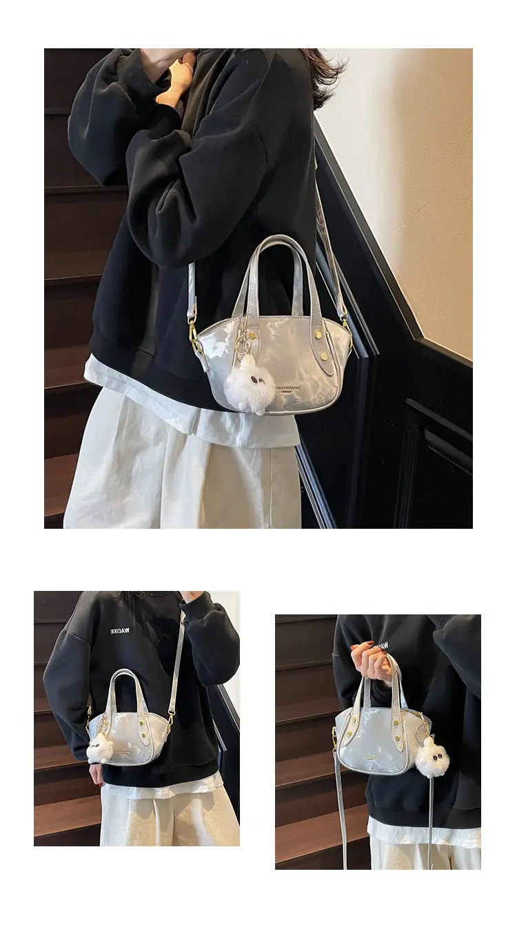 Women's Black Nylon Bucket Bag with Cute Pom Pom Charm — feature 15