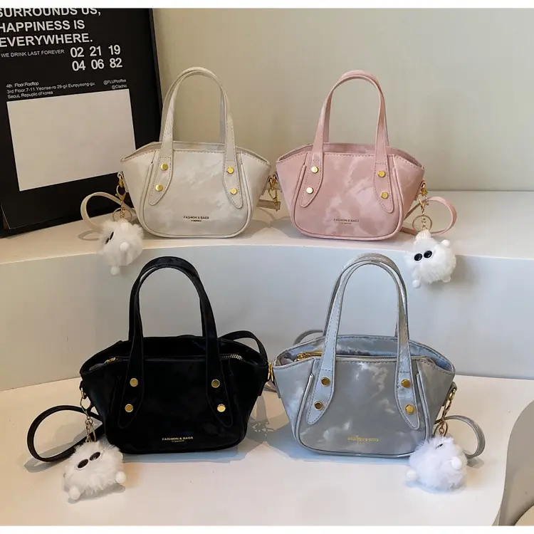 Women's Black Nylon Bucket Bag with Cute Pom Pom Charm — feature 16