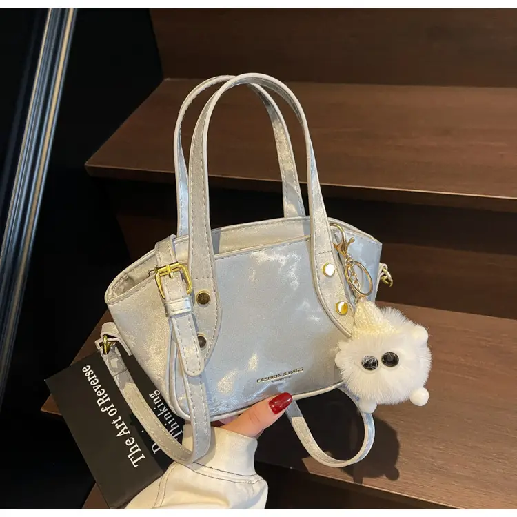 Women's Black Nylon Bucket Bag with Cute Pom Pom Charm — feature 17
