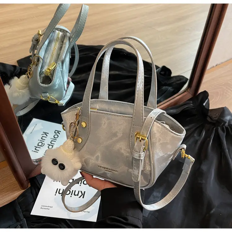 Women's Black Nylon Bucket Bag with Cute Pom Pom Charm — feature 19