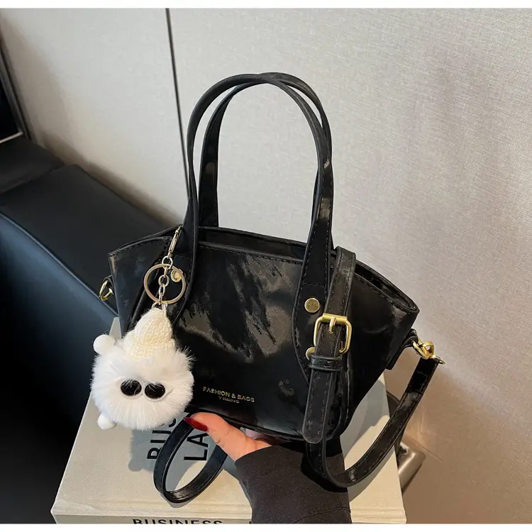 Women's Black Nylon Bucket Bag with Cute Pom Pom Charm — feature 21