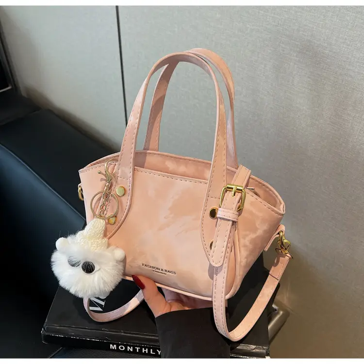 Women's Black Nylon Bucket Bag with Cute Pom Pom Charm — feature 22