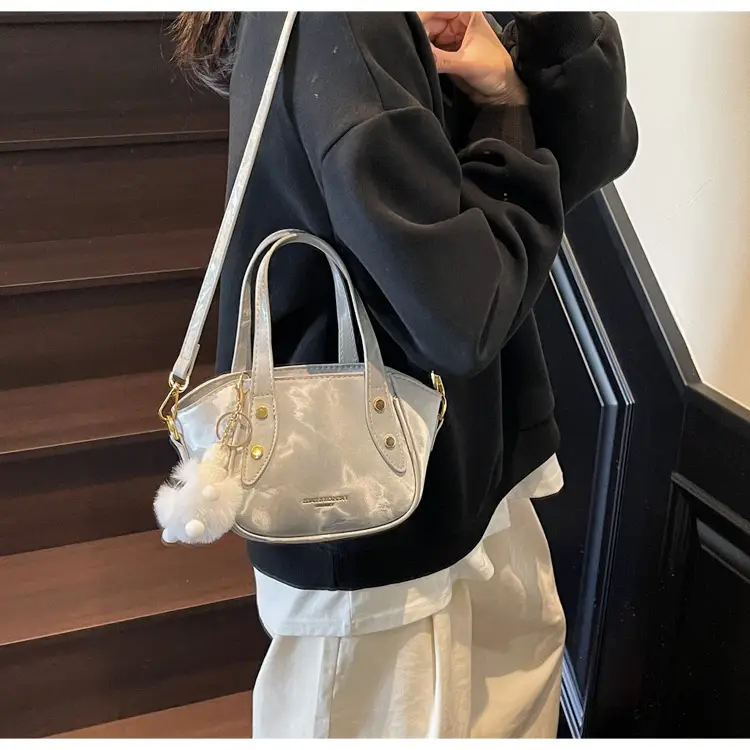 Women's Black Nylon Bucket Bag with Cute Pom Pom Charm — feature 26