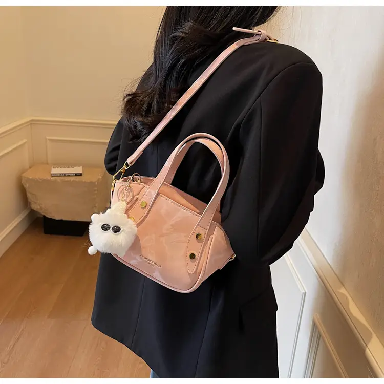 Women's Black Nylon Bucket Bag with Cute Pom Pom Charm — feature 29
