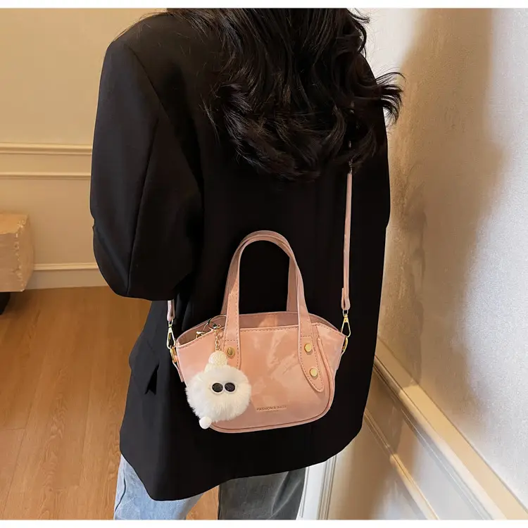 Women's Black Nylon Bucket Bag with Cute Pom Pom Charm — feature 30
