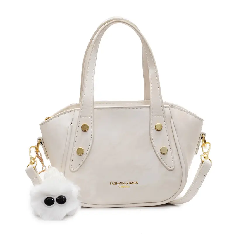 Women's Black Nylon Bucket Bag with Cute Pom Pom Charm - Image 2