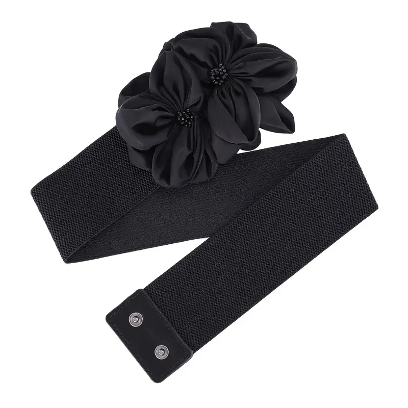 Black Flower Bow Elastic Waist Belt for Women - Image 10