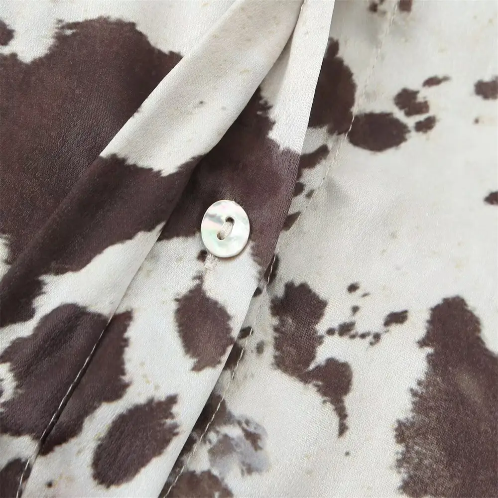 Women's Brown White Cow Print Jacket with Belt Silk Texture - Image 6
