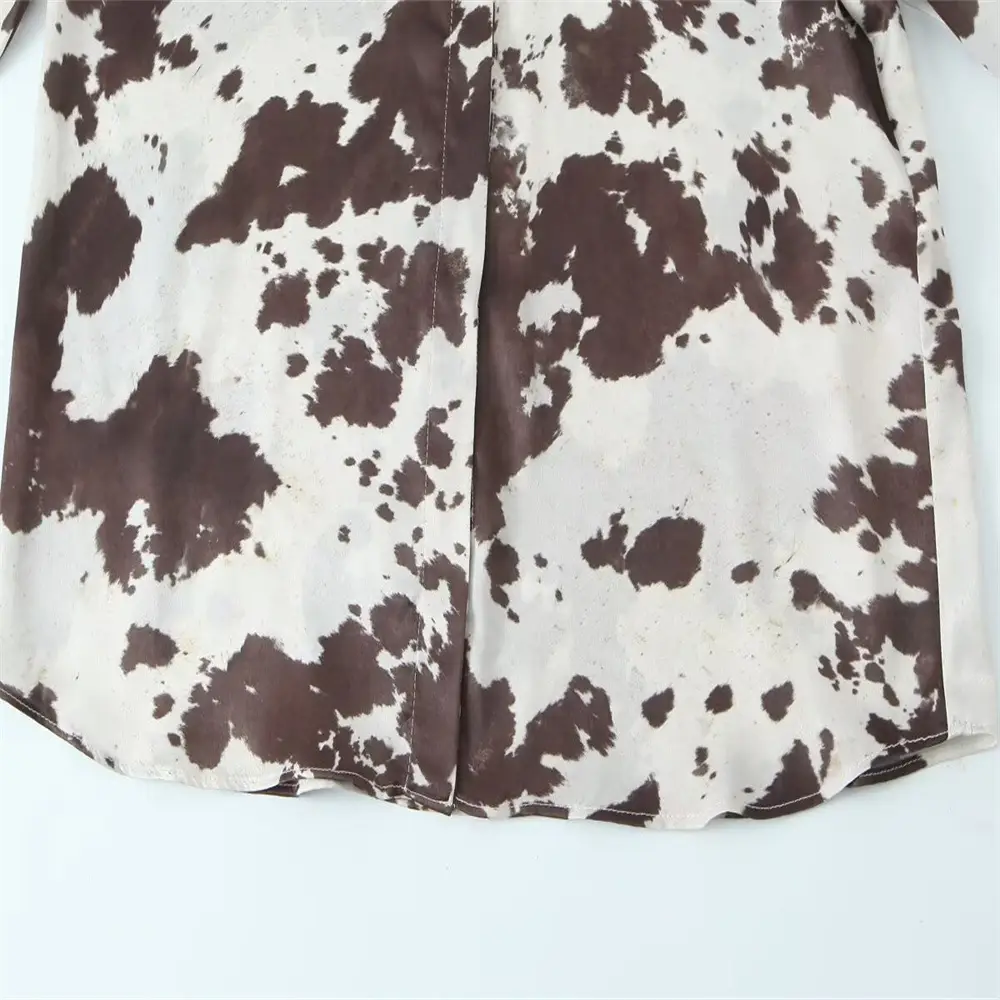 Women's Brown White Cow Print Jacket with Belt Silk Texture — feature 10