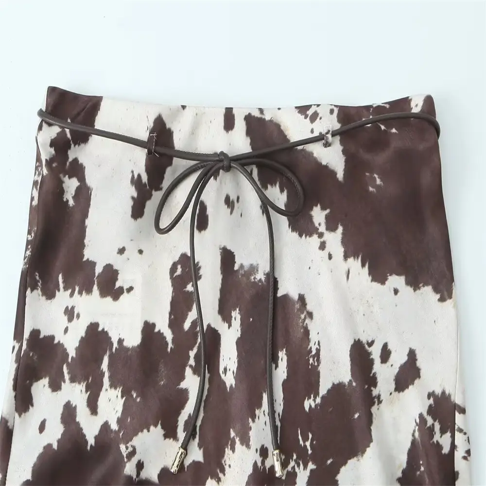 Women's Brown White Cow Print Jacket with Belt Silk Texture — feature 11