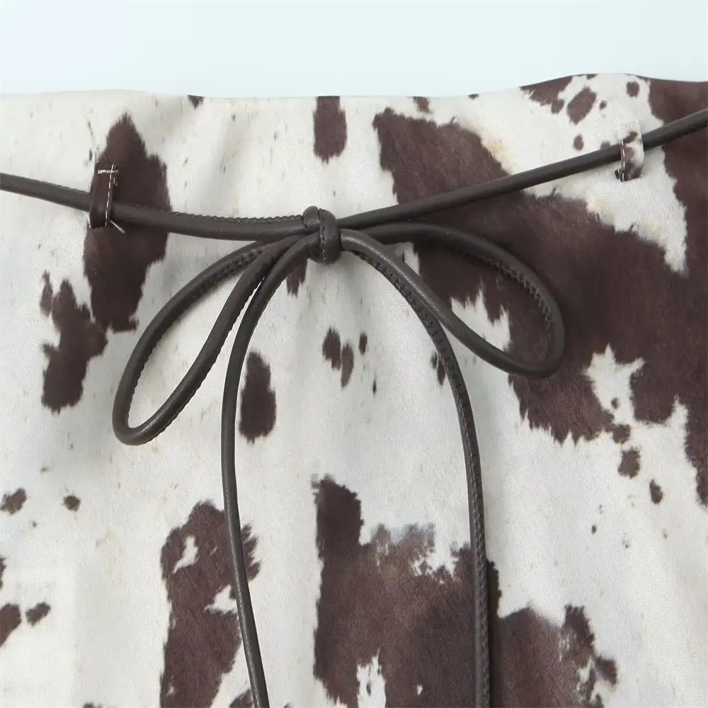 Women's Brown White Cow Print Jacket with Belt Silk Texture — feature 12
