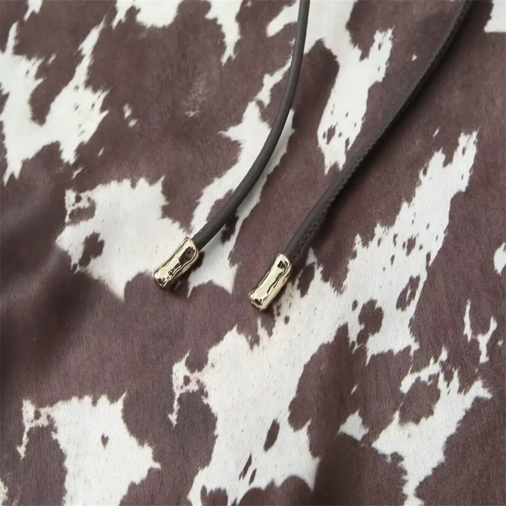 Women's Brown White Cow Print Jacket with Belt Silk Texture — feature 13