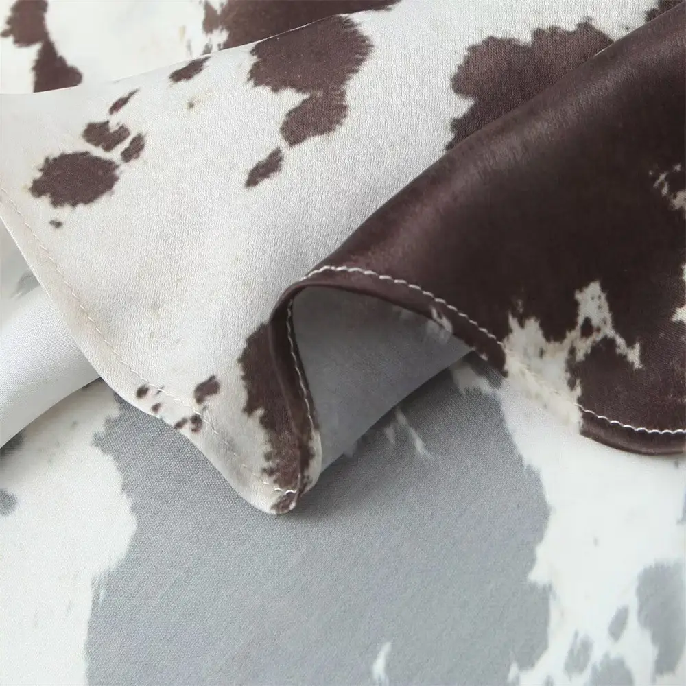 Women's Brown White Cow Print Jacket with Belt Silk Texture — feature 14