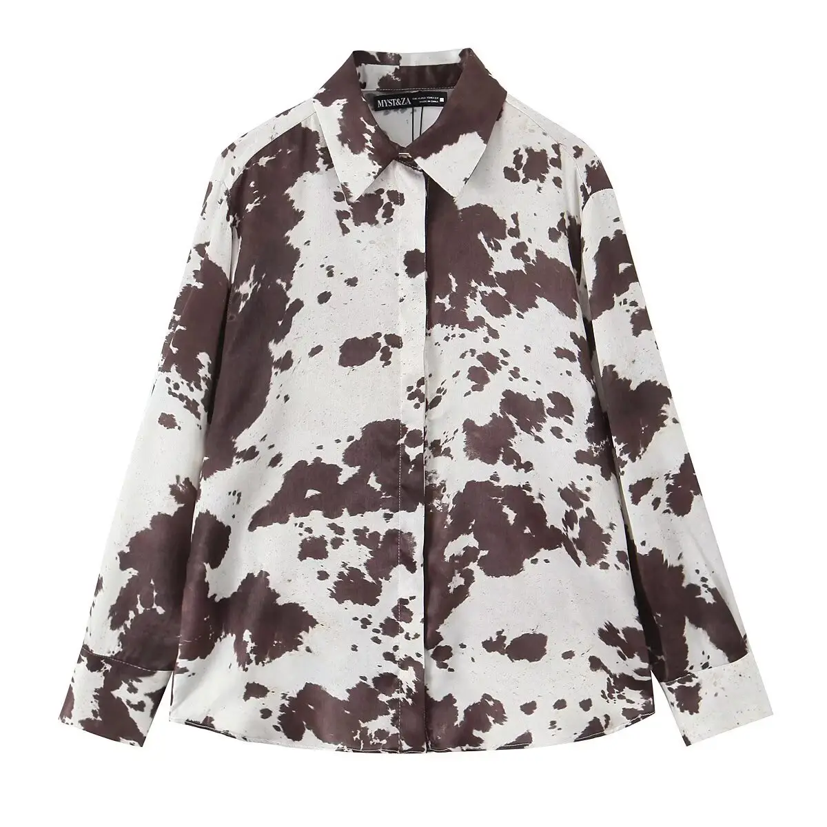 Women's Brown White Cow Print Jacket with Belt Silk Texture — feature 3