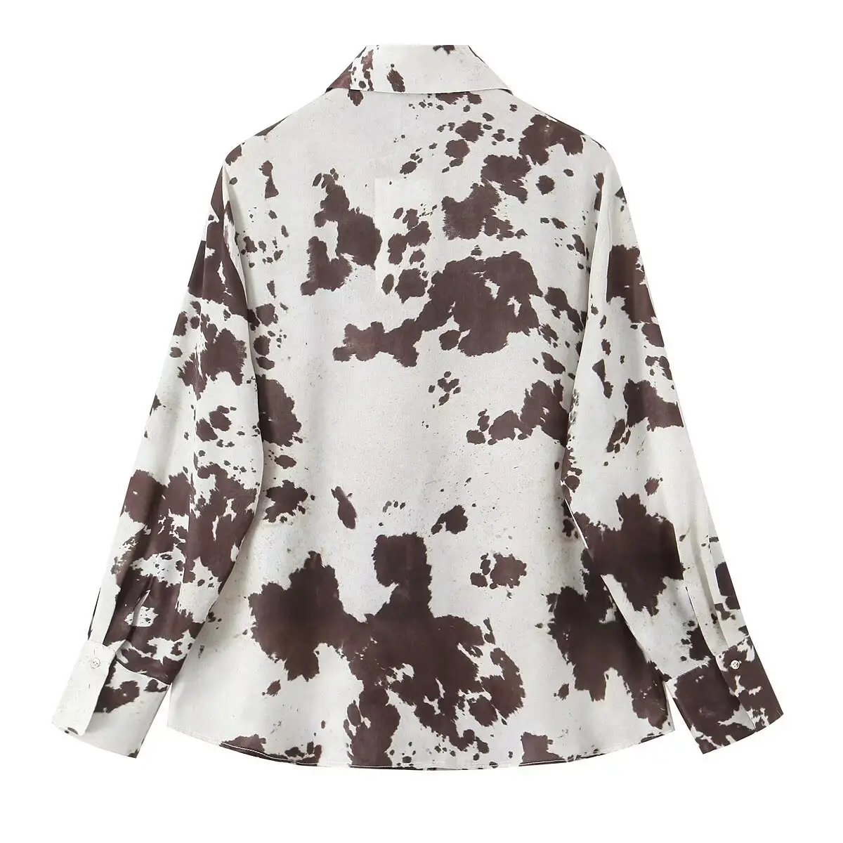 Women's Brown White Cow Print Jacket with Belt Silk Texture — feature 4