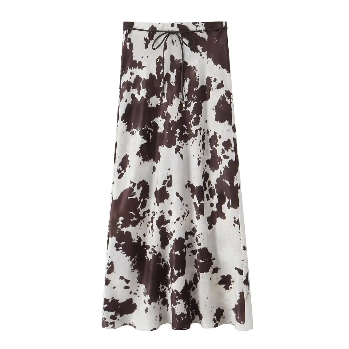 Women's Brown White Cow Print Jacket with Belt Silk Texture — feature 5