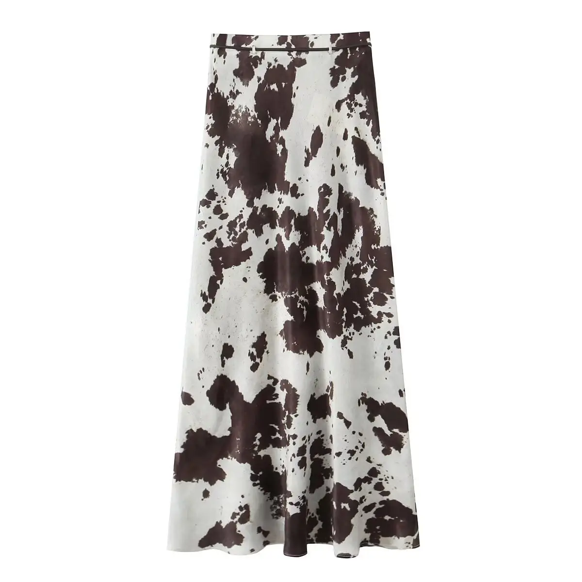 Women's Brown White Cow Print Jacket with Belt Silk Texture — feature 6