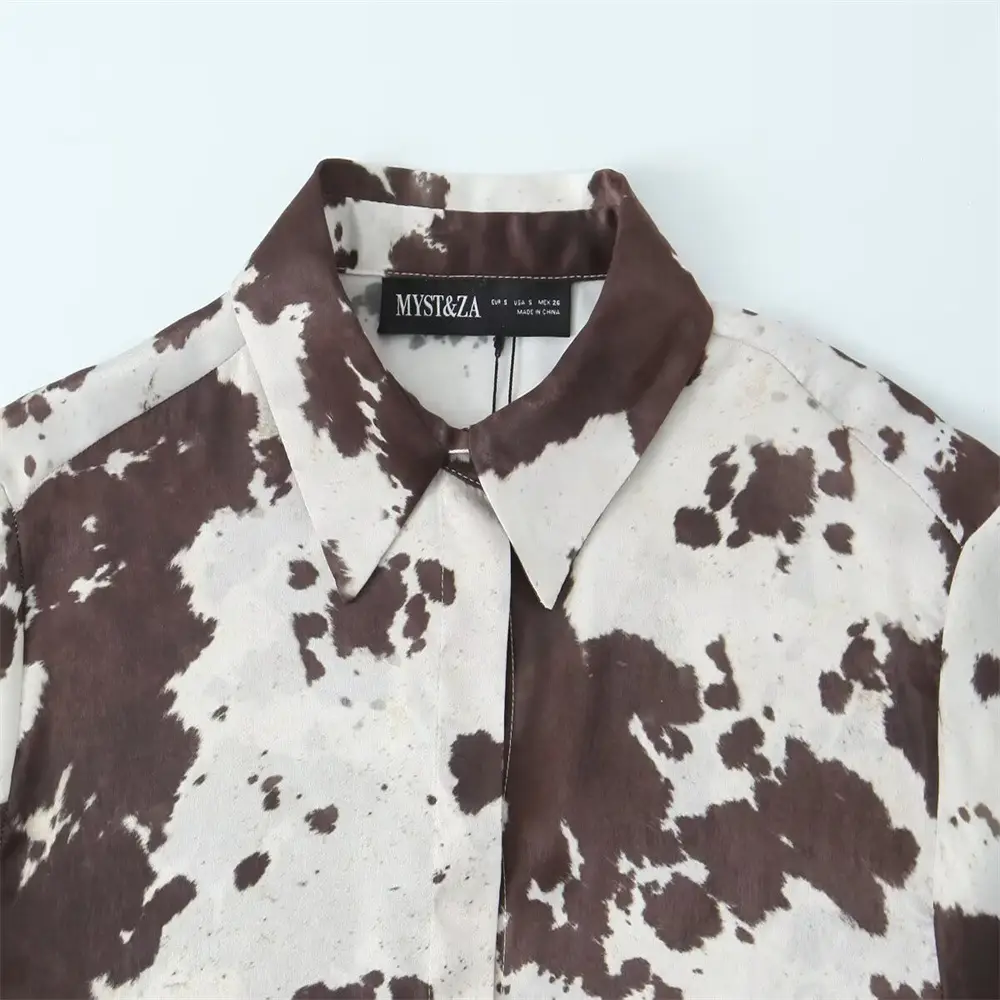 Women's Brown White Cow Print Jacket with Belt Silk Texture — feature 7