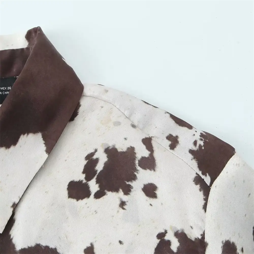 Women's Brown White Cow Print Jacket with Belt Silk Texture — feature 8