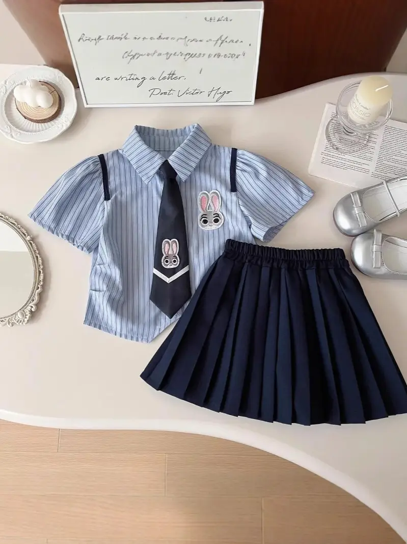Girls 2-Piece Summer Suit Blue Striped Skirt Set