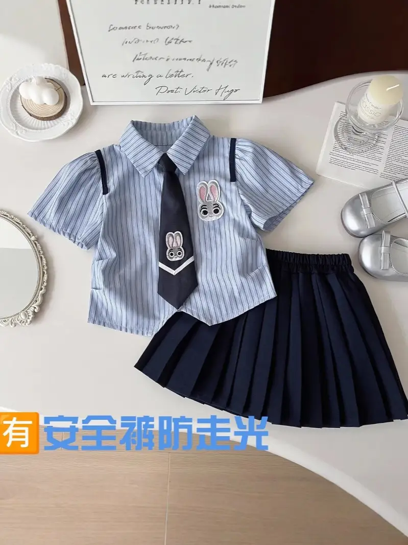 Girls 2-Piece Summer Suit Blue Striped Skirt Set