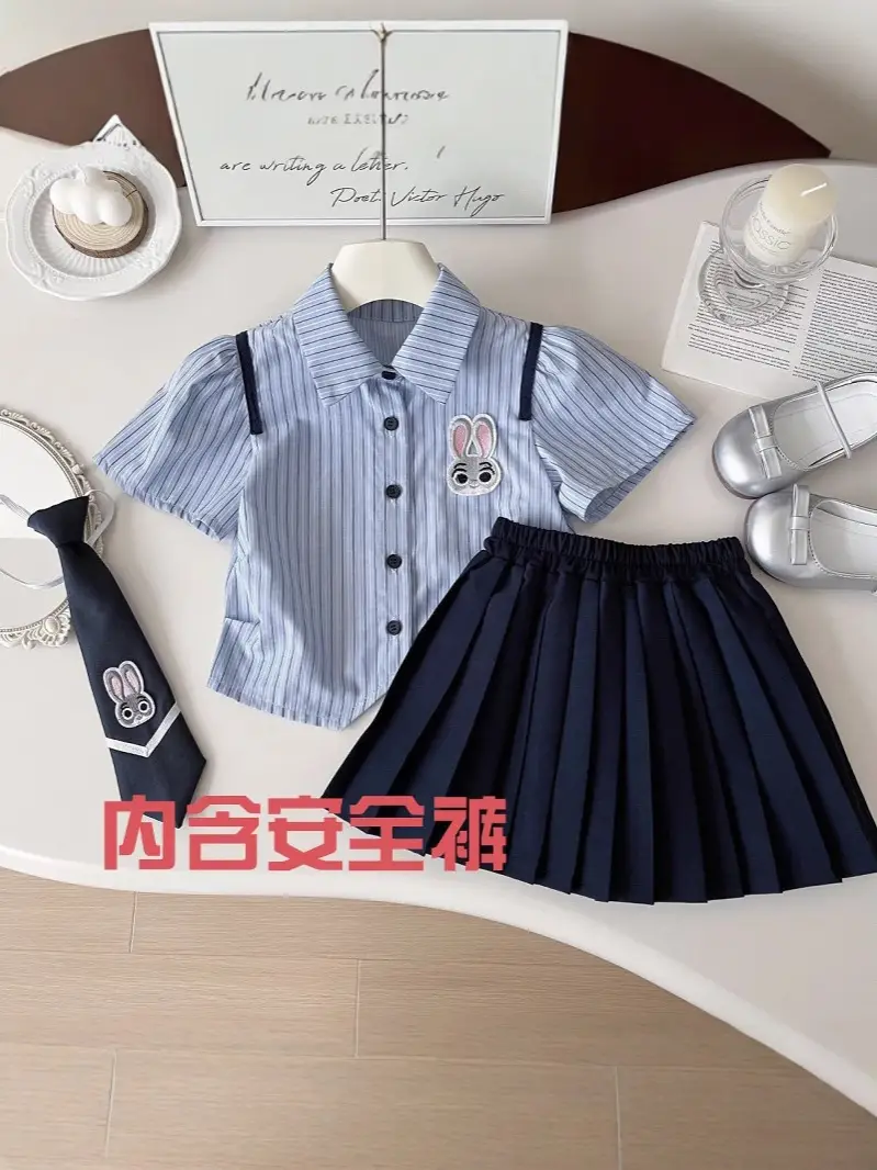 Girls 2-Piece Summer Suit Blue Striped Skirt Set