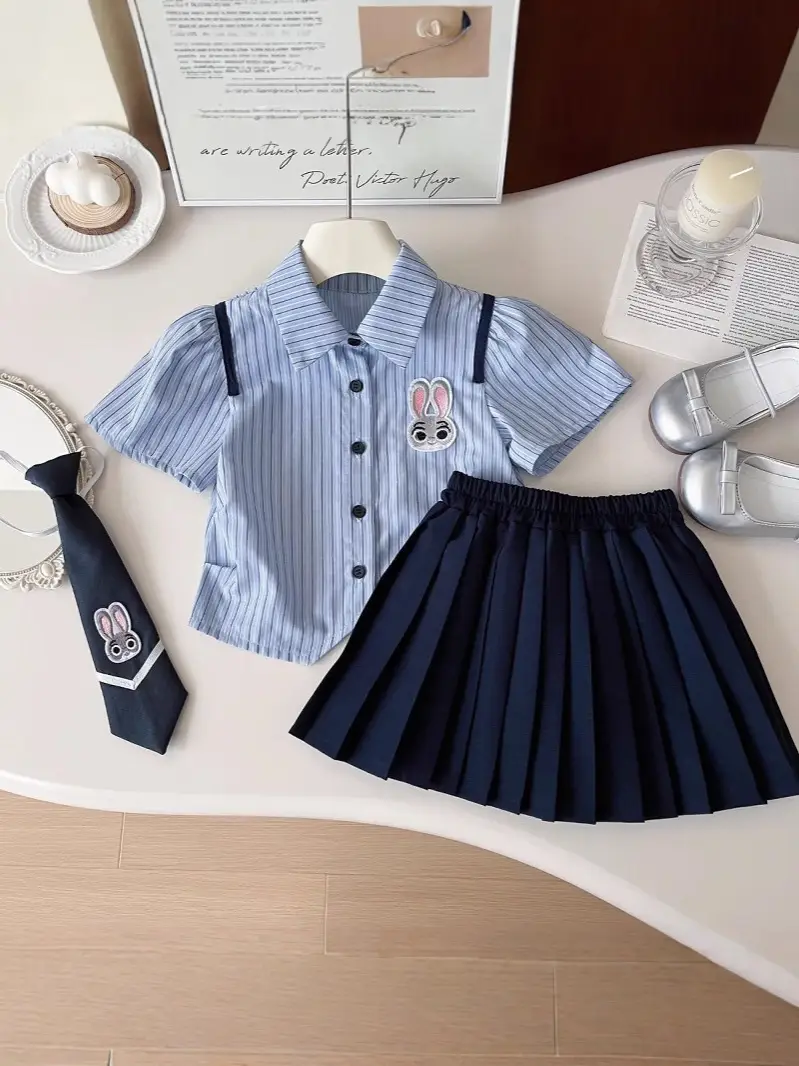 Girls 2-Piece Summer Suit Blue Striped Skirt Set
