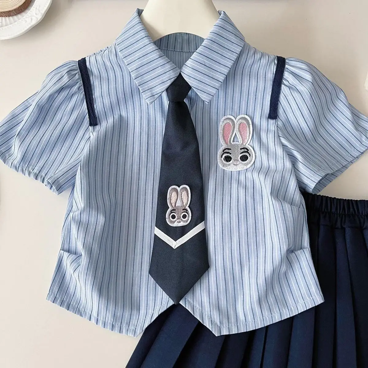 Girls 2-Piece Summer Suit Blue Striped Skirt Set — feature 10