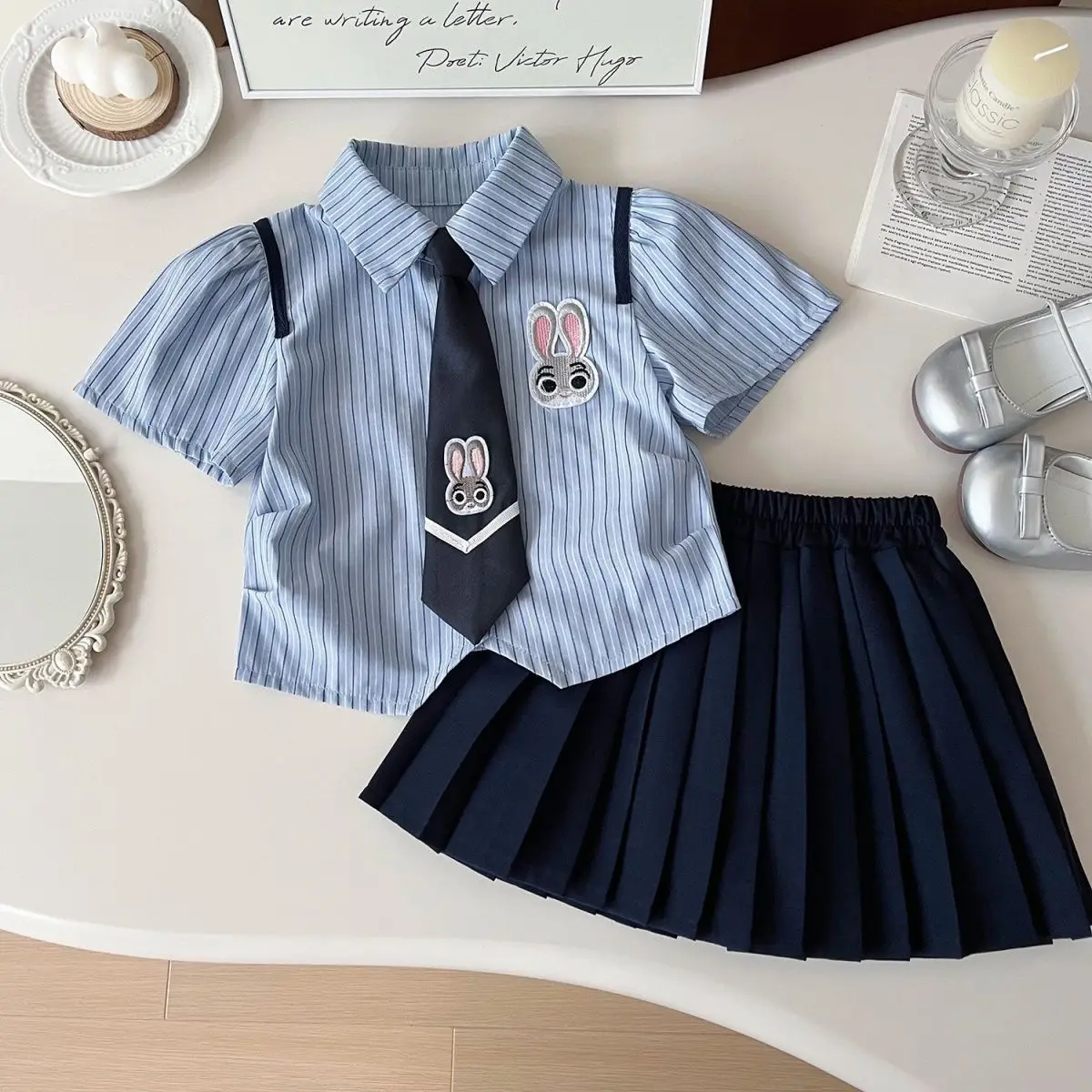 Girls 2-Piece Summer Suit Blue Striped Skirt Set — feature 2