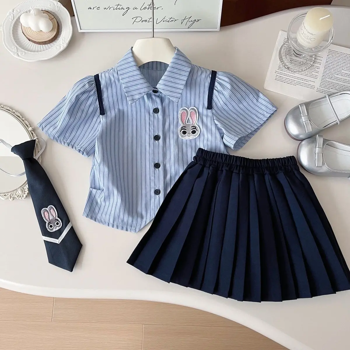 Girls 2-Piece Summer Suit Blue Striped Skirt Set — feature 3