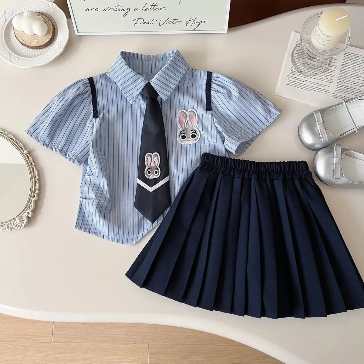 Girls 2-Piece Summer Suit Blue Striped Skirt Set — feature 4