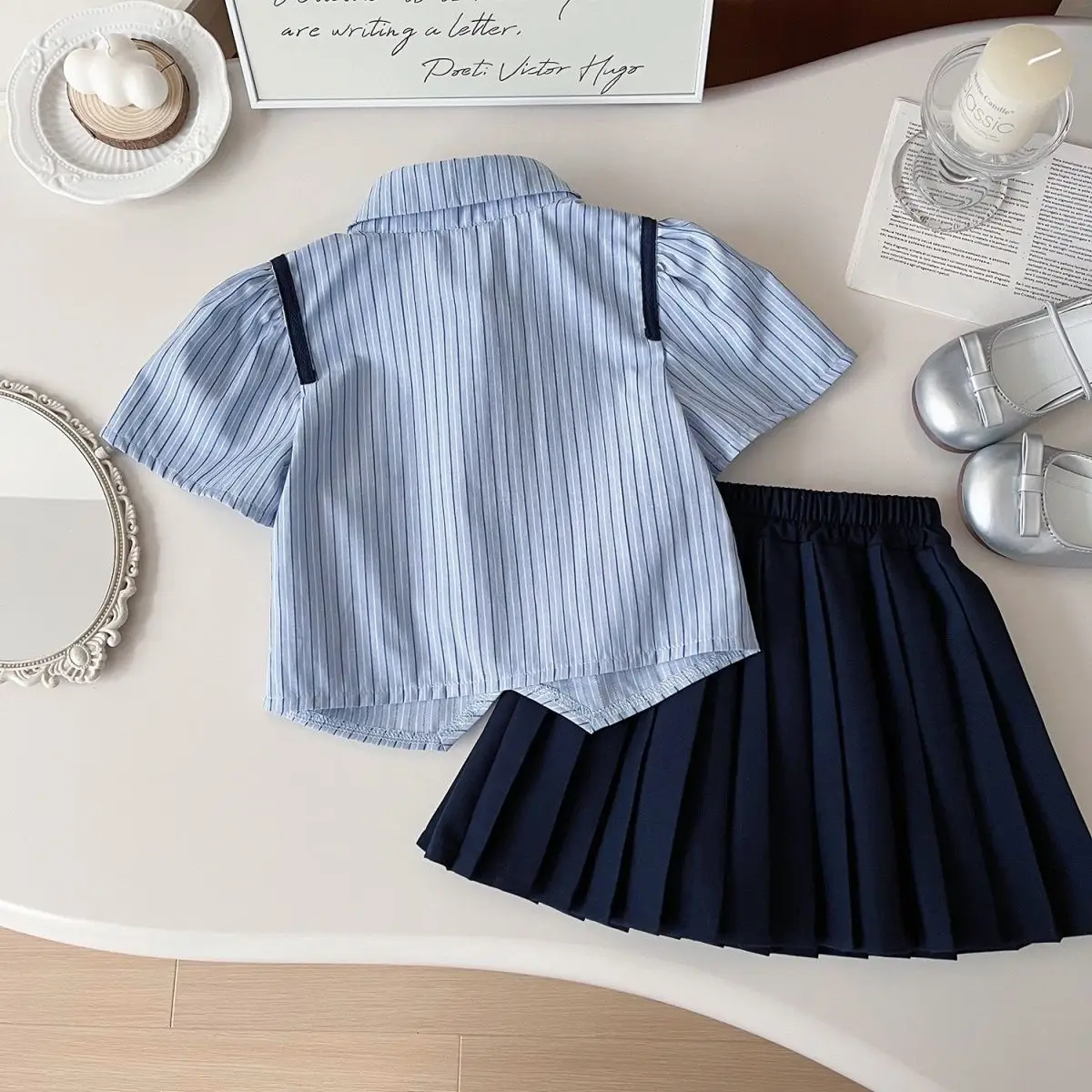 Girls 2-Piece Summer Suit Blue Striped Skirt Set — feature 5